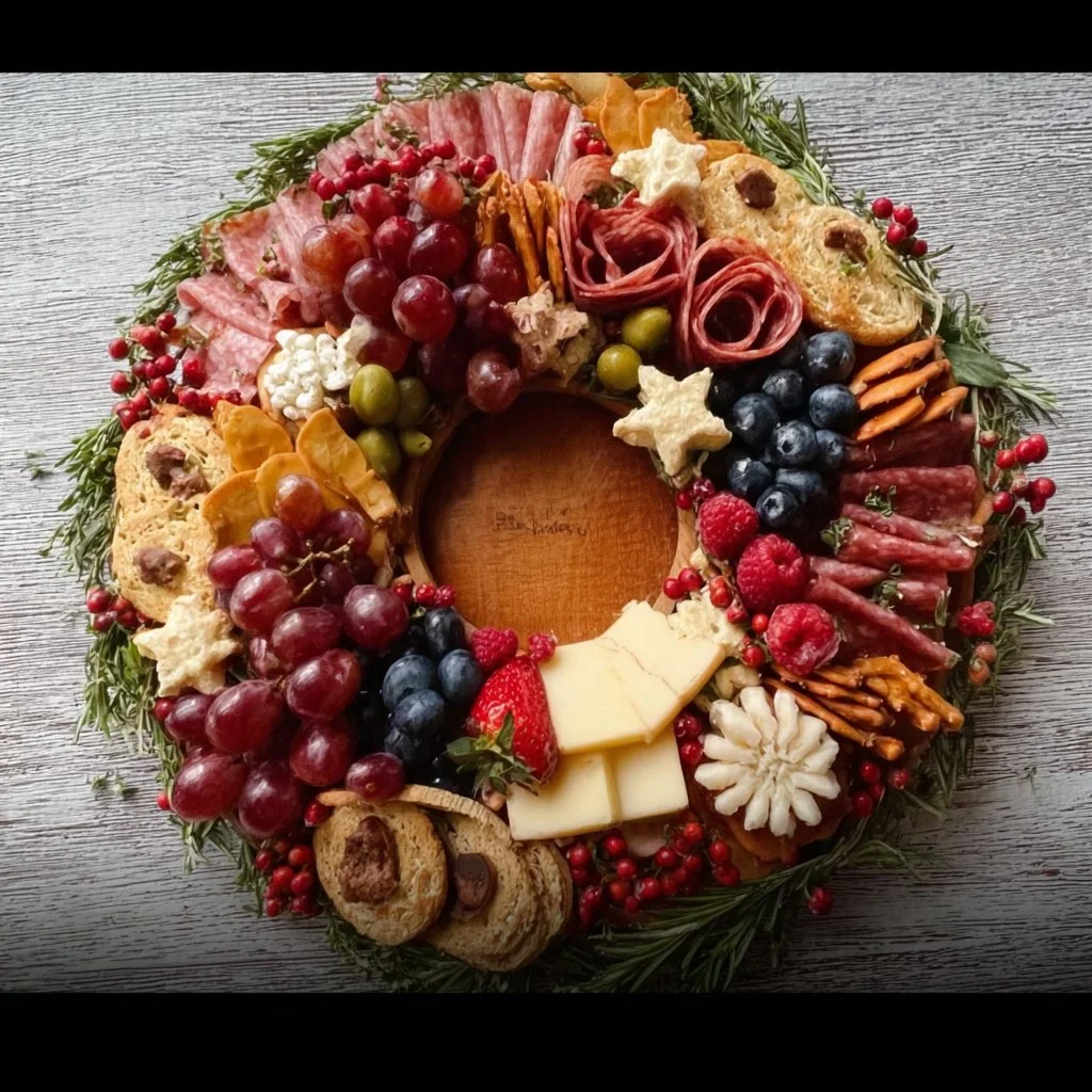 Beautiful Christmas wreath charcuterie board decorated with festive treats