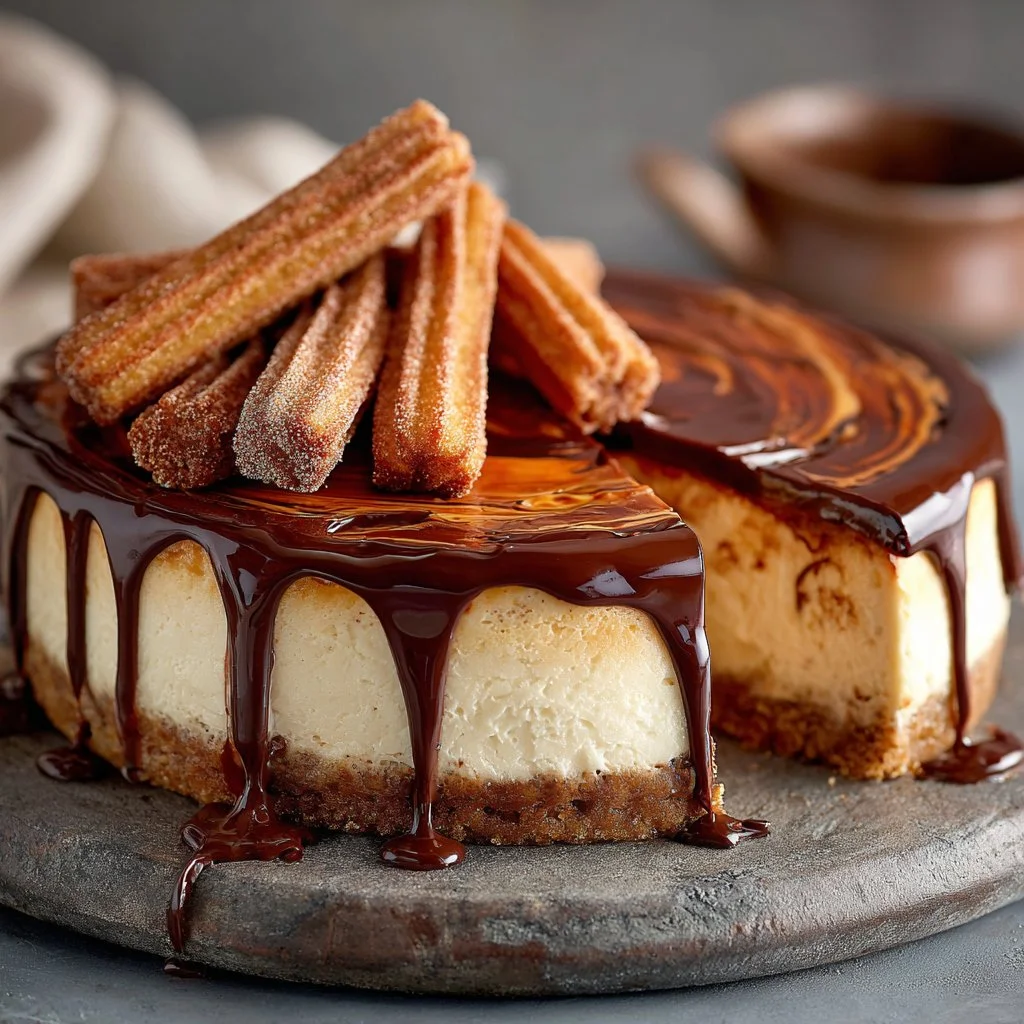Delicious Churro Cheesecake topped with cinnamon and whipped cream