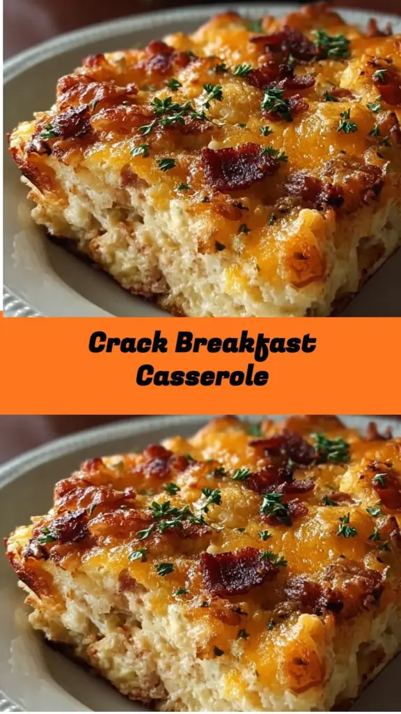 Delicious Crack Breakfast Casserole served in a baking dish with eggs and cheese.