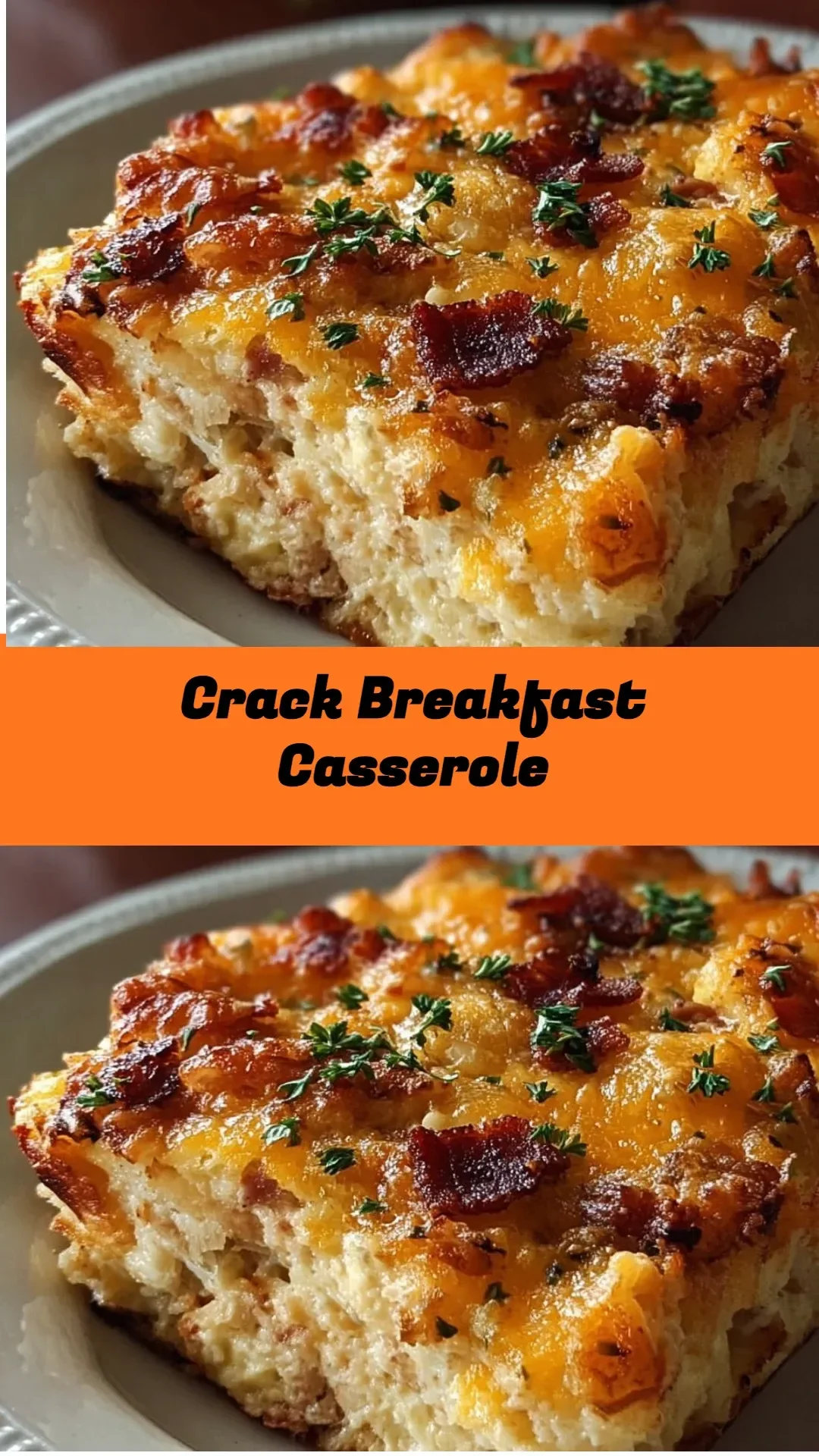 Delicious Crack Breakfast Casserole served in a baking dish with eggs and cheese.