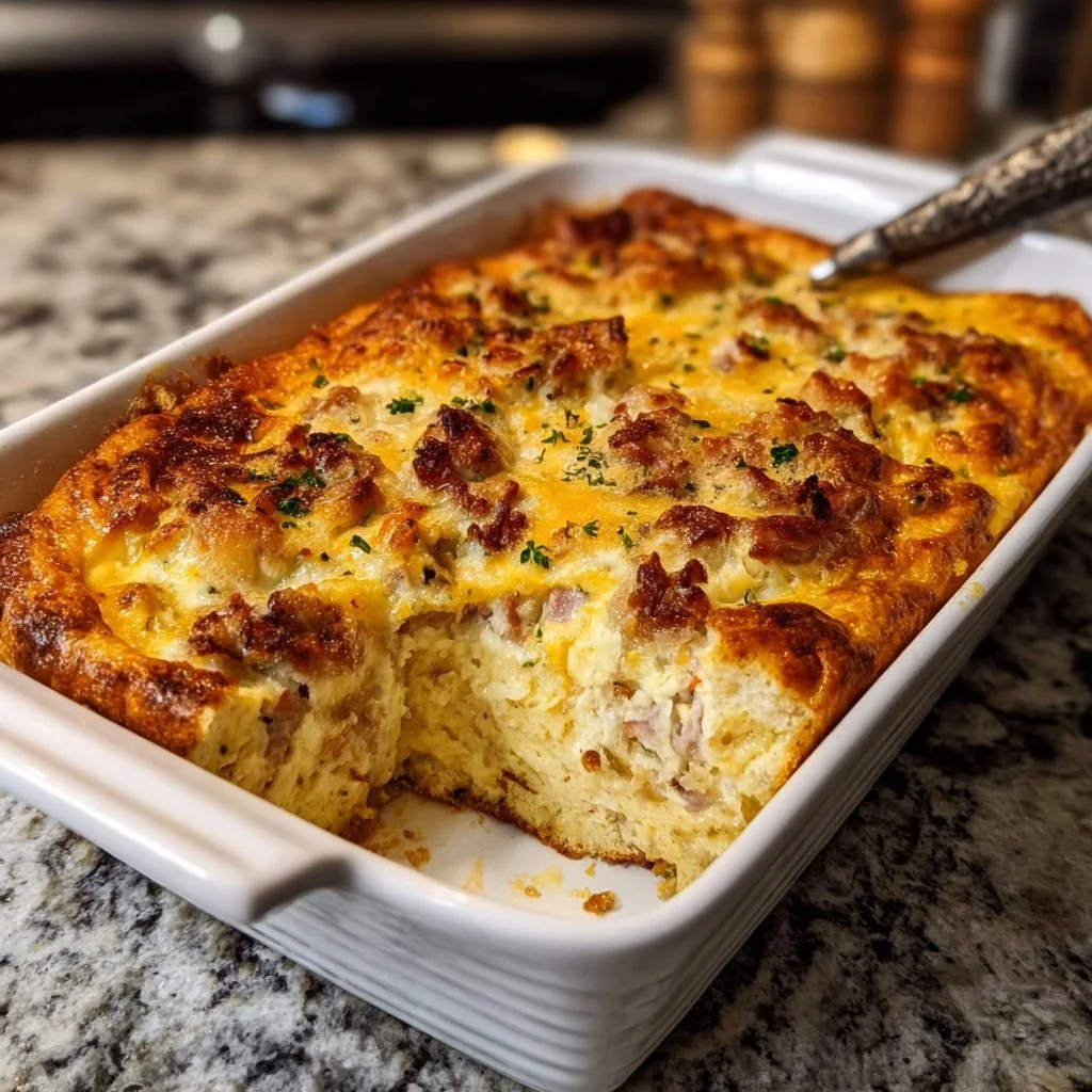 Crack Breakfast Casserole ready to serve with cheesy topping and fresh herbs.