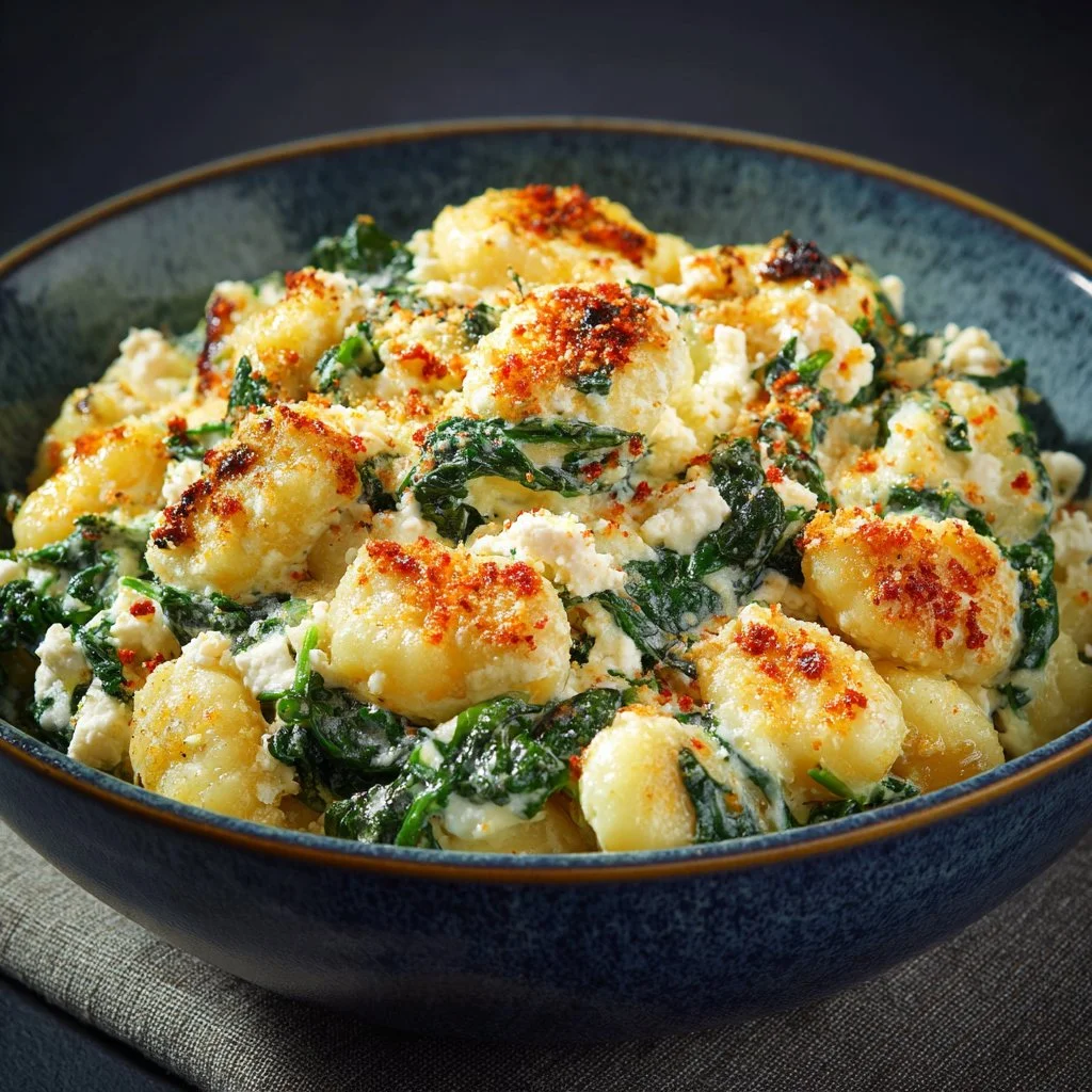 Creamy gnocchi dish with fresh spinach and crumbled feta cheese