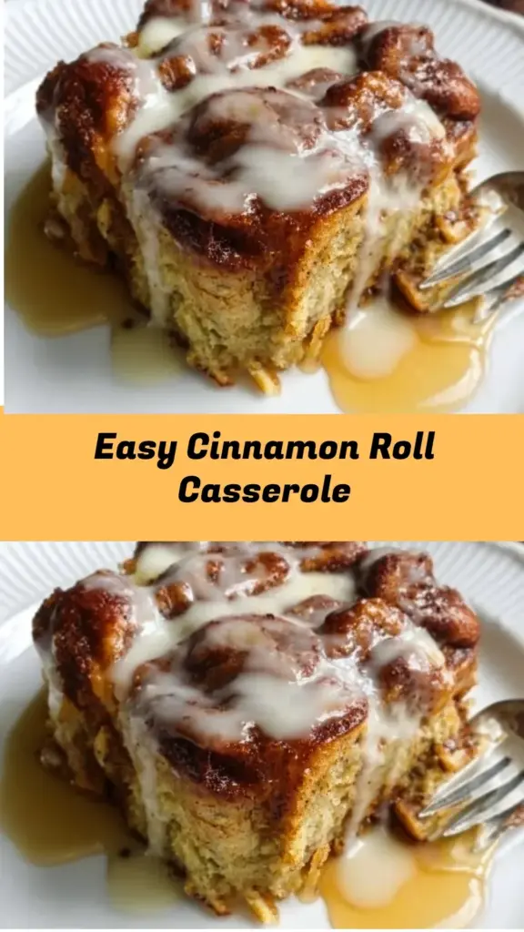 Delicious easy cinnamon roll casserole baked with sweet cinnamon and icing