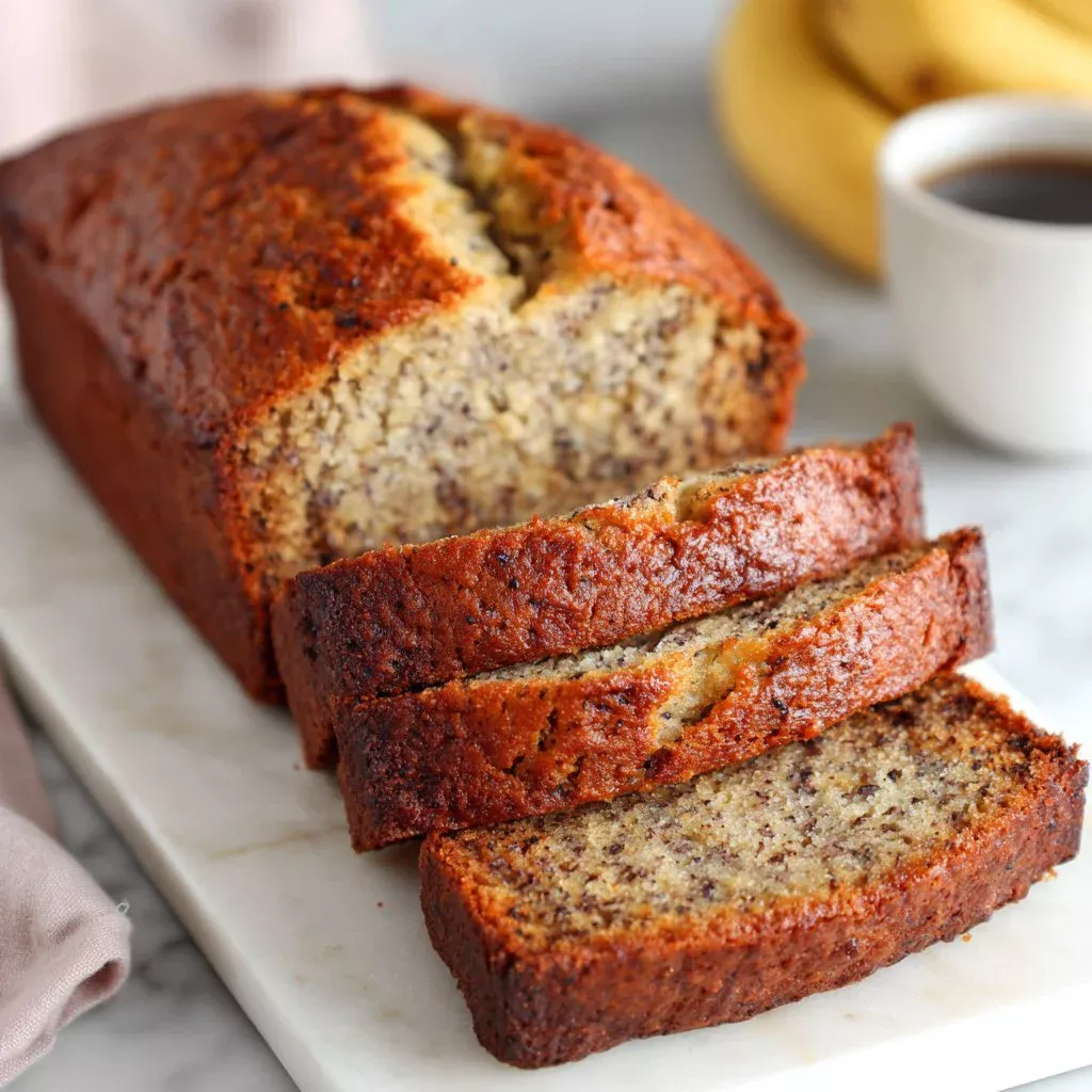 Slices of easy moist banana bread on a wooden table