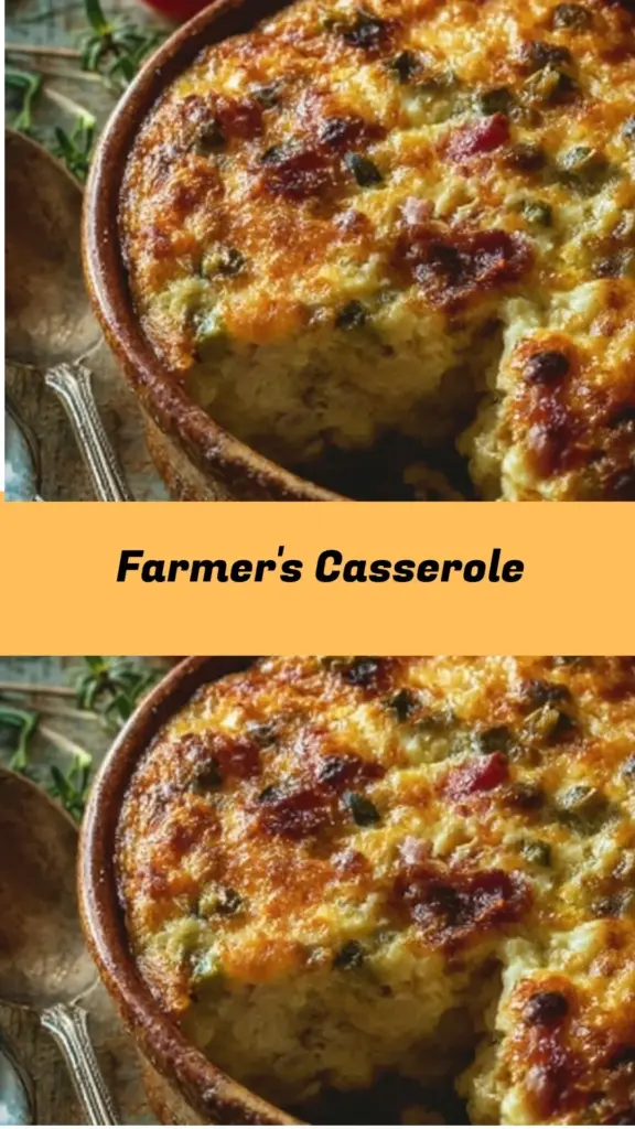 Delicious Farmer's Casserole with eggs, potatoes, and vegetables in a baking dish.