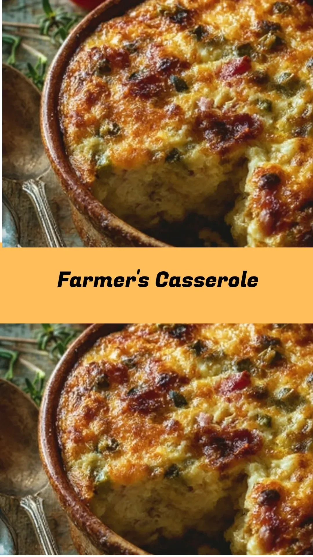Delicious Farmer's Casserole with eggs, potatoes, and vegetables in a baking dish.