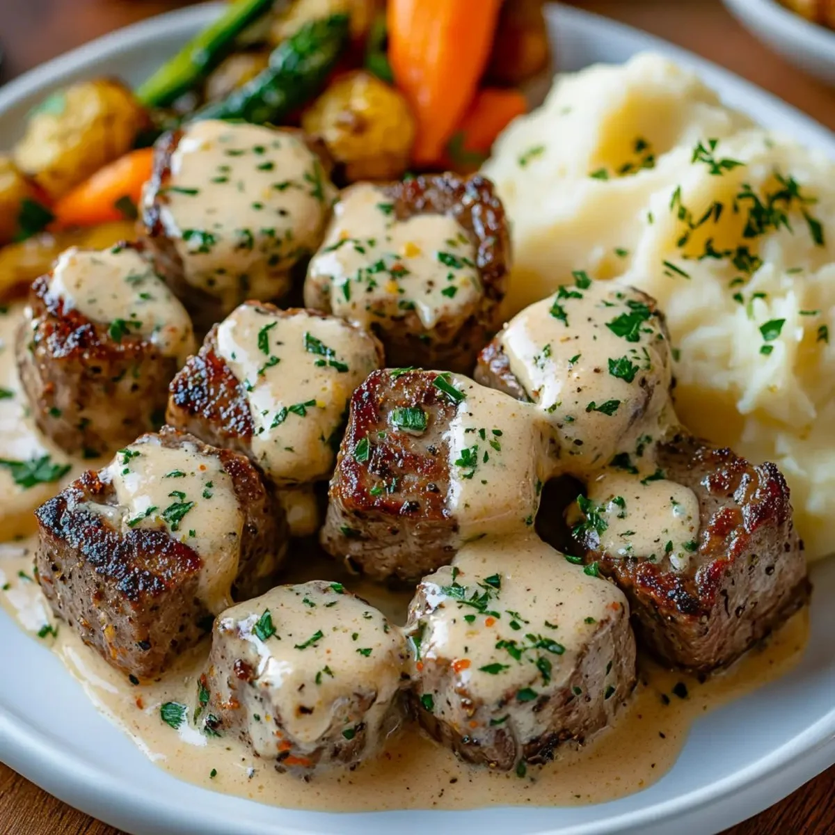 Garlic butter steak bites served with rich Parmesan cream sauce
