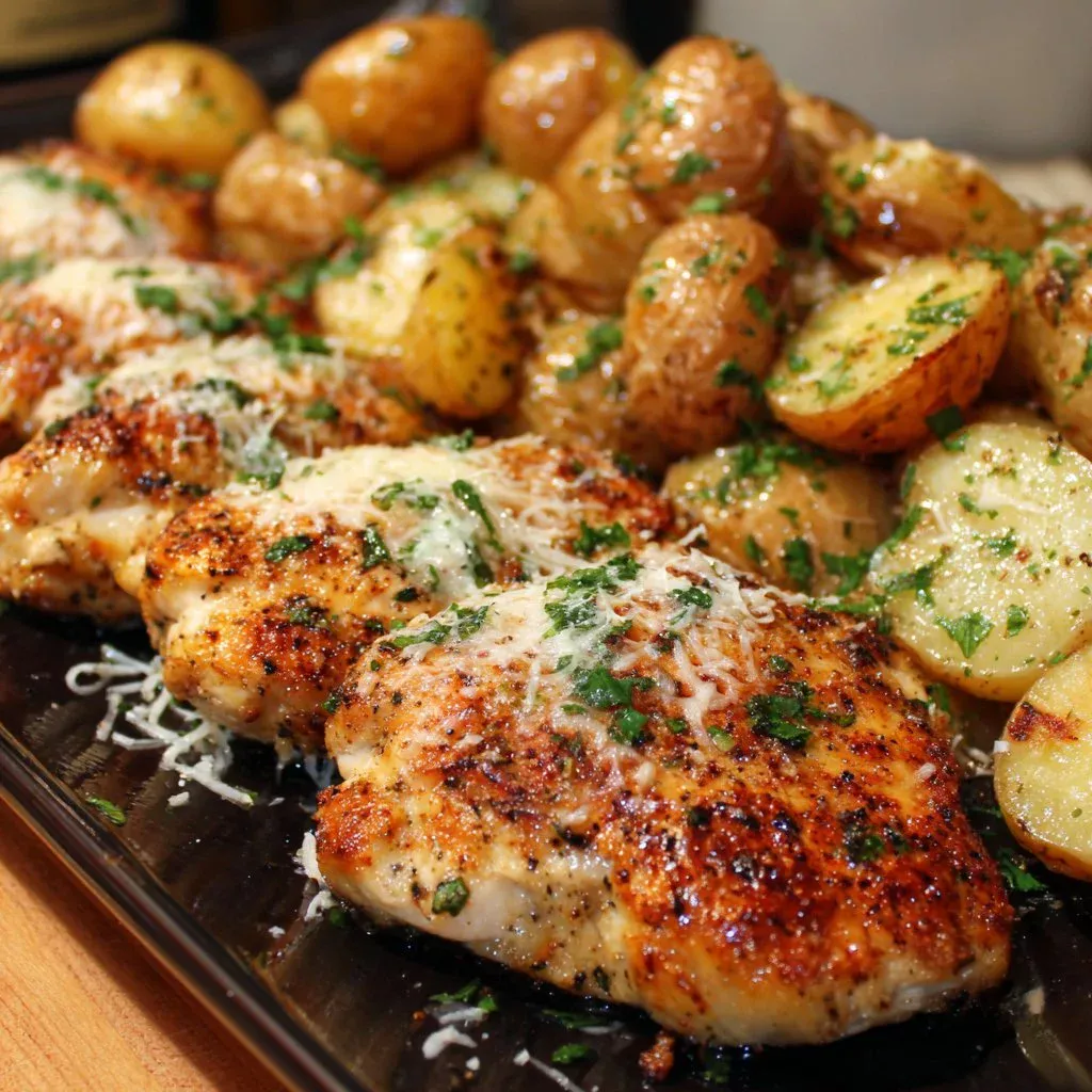 Garlic Parmesan Chicken served with roasted potatoes on a plate