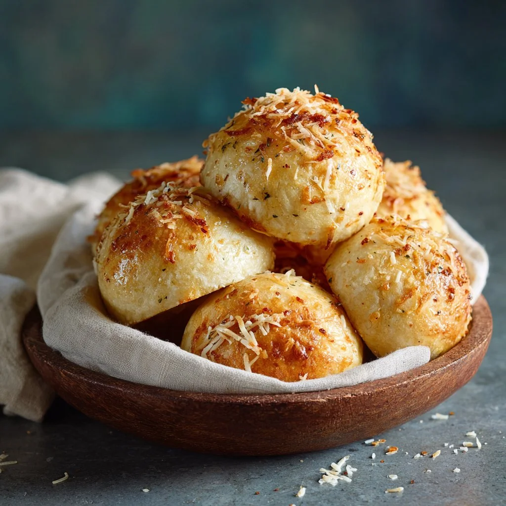 Freshly baked Garlic Parmesan Dinner Rolls served on a wooden table.