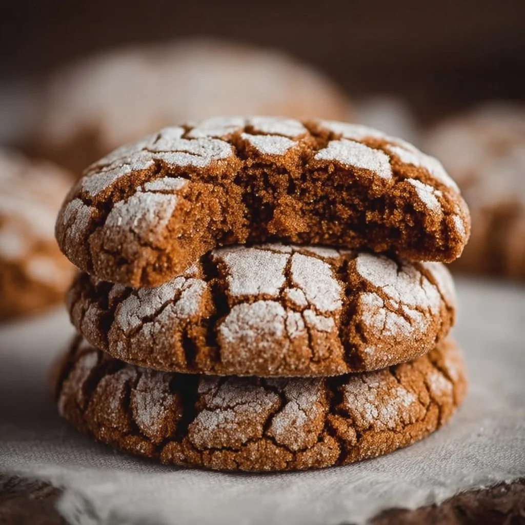 Freshly baked Gingerbread Crinkle Cookies with powdered sugar toppings.