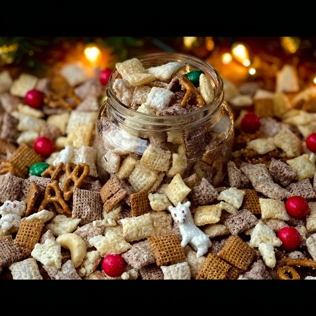 Bowl of gluten-free Reindeer Chow mix with festive holiday decorations