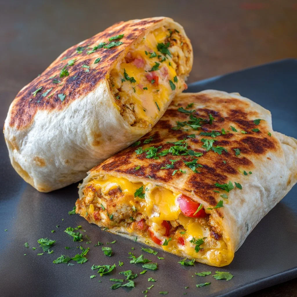 Mouthwatering grilled cheese burrito with melted cheese and fresh ingredients