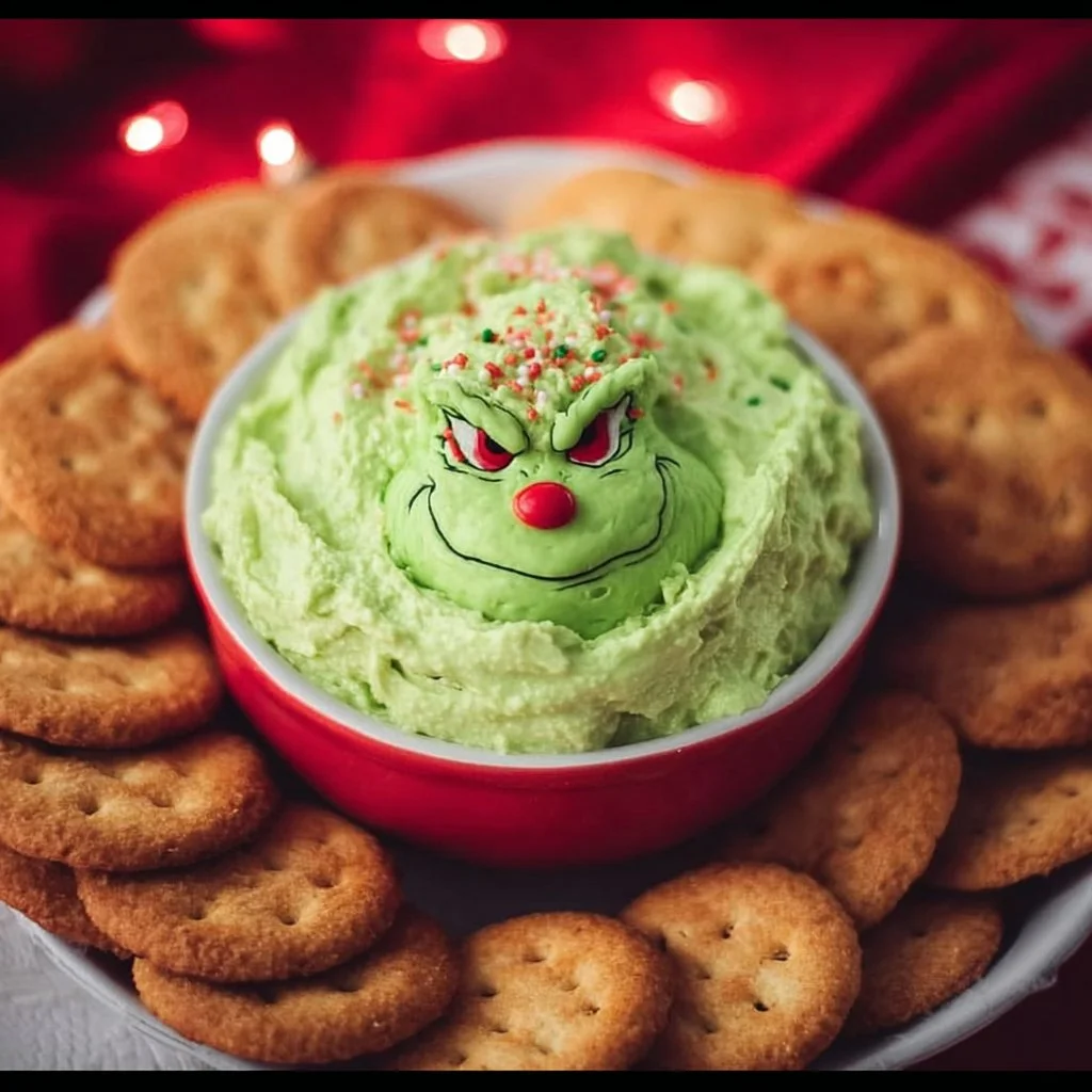 Festive Grinch Dip in a bowl, decorated for holiday parties