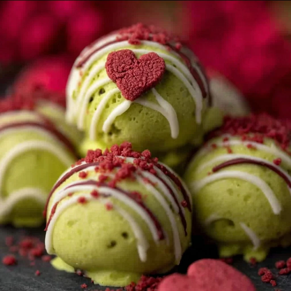 Grinch Oreo Balls made with Red Velvet Oreos, a festive holiday treat.