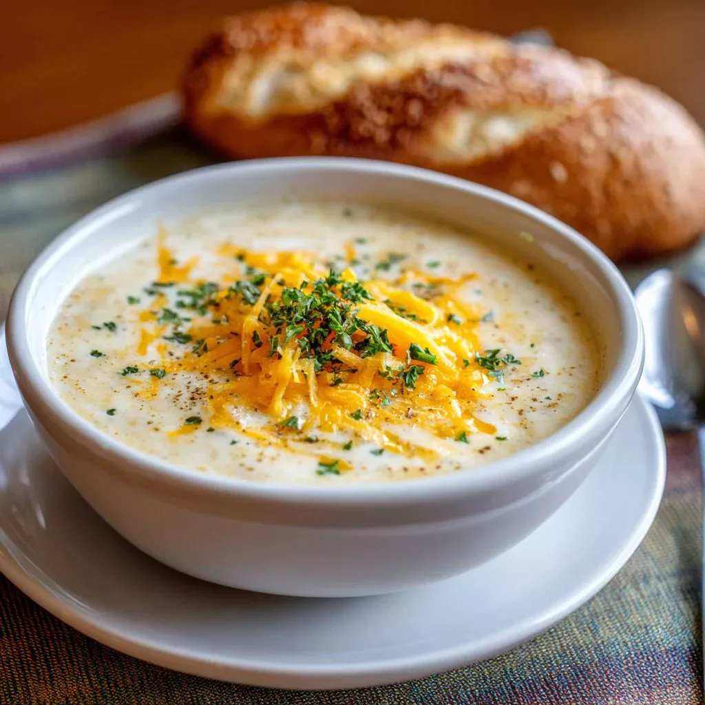 Delicious Hearty Cheddar Garlic Herb Potato Soup in a bowl with herbs on top