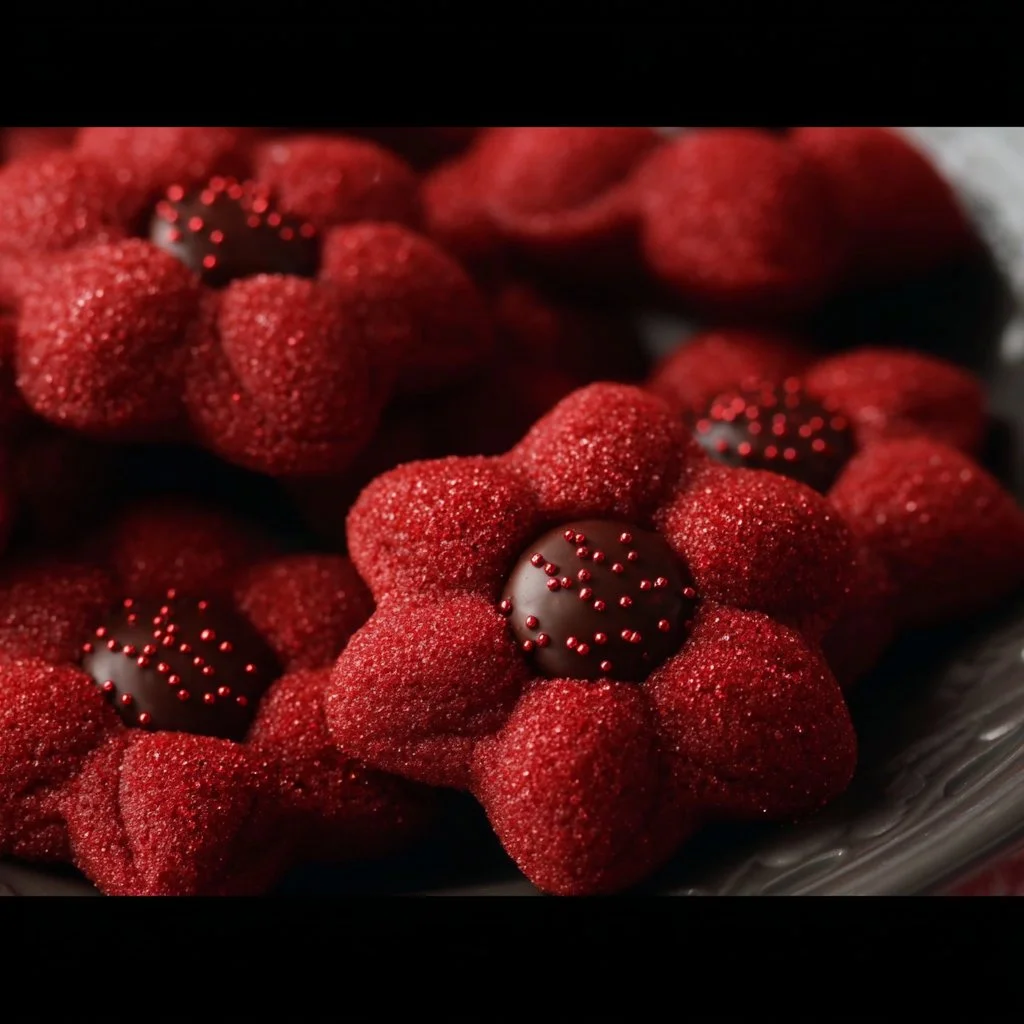 Hershey's Red Velvet Blossoms cookies with a rich red color and creamy topping