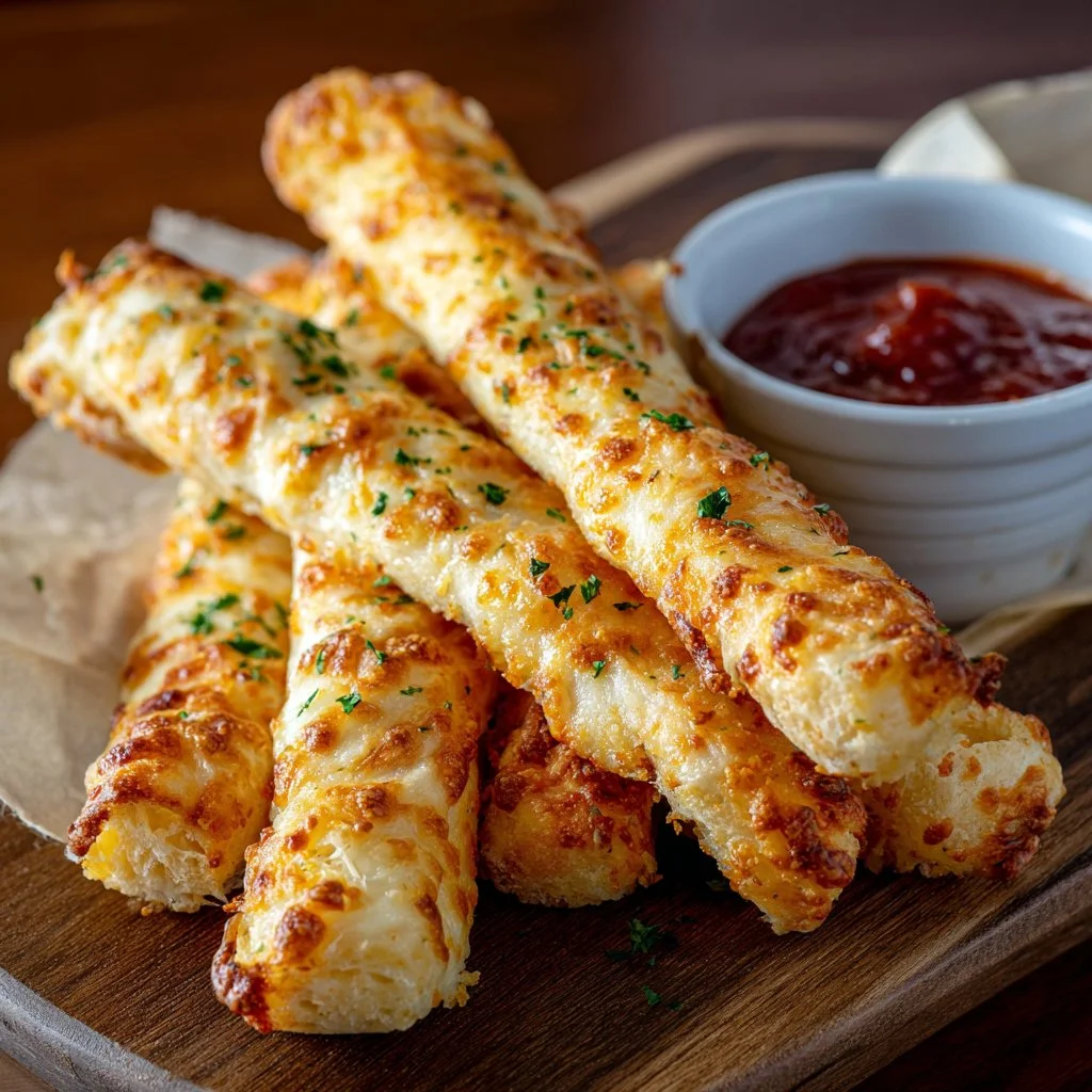 Homemade cheesy breadsticks served with marinara sauce