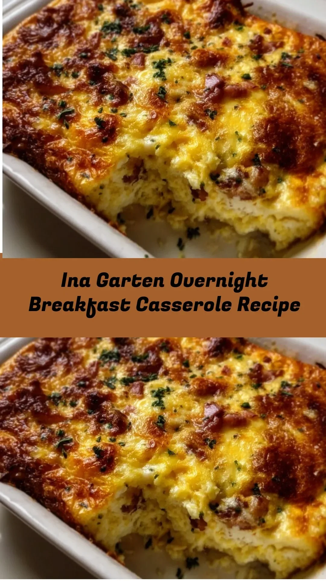Ina Garten's overnight breakfast casserole ready to serve for a delightful breakfast.