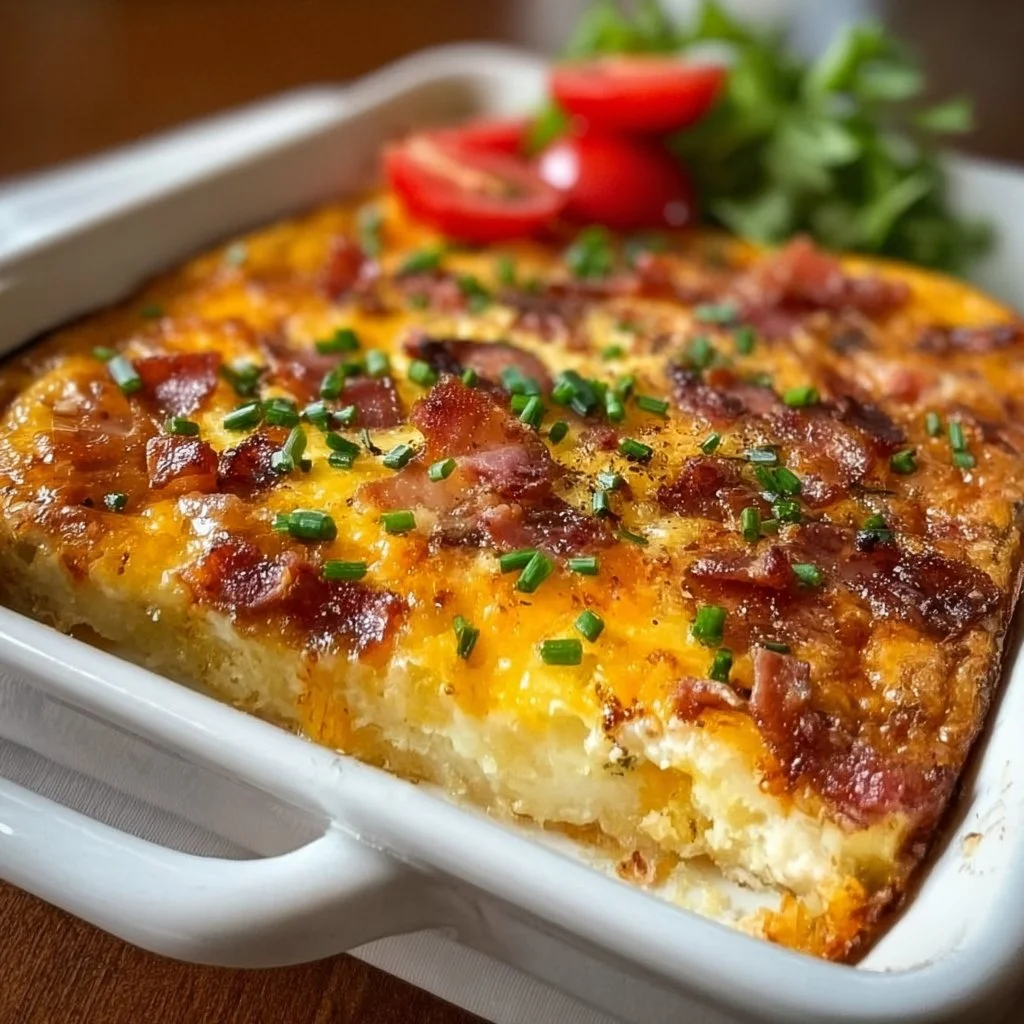 Cheesy bacon egg cheese casserole fresh out of the oven