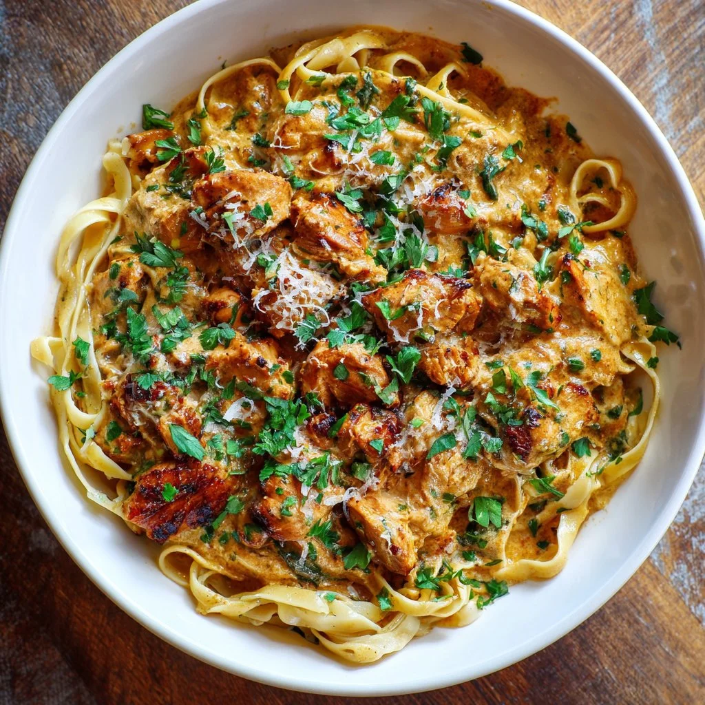 Bowl of cowboy butter chicken linguine topped with herbs and served warm
