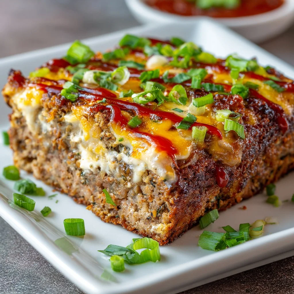Loaded Meatloaf Casserole topped with cheese and vegetables in a baking dish.