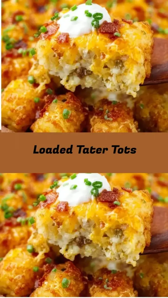 Plate of loaded tater tots topped with cheese, bacon, and sour cream