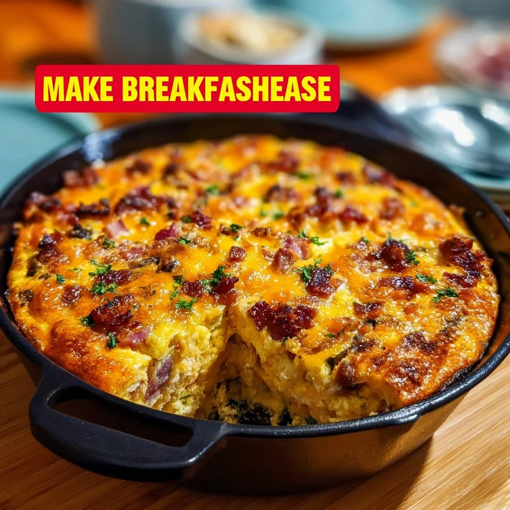 Delicious make-ahead breakfast casserole baked and served on a kitchen counter.