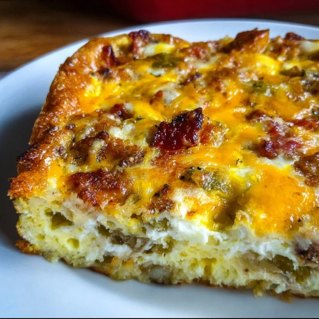 Delicious make ahead breakfast casserole topped with cheese and vegetables