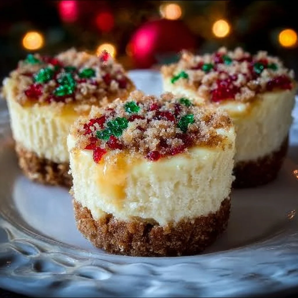 Mini Christmas cheesecakes topped with festive decorations for the holidays