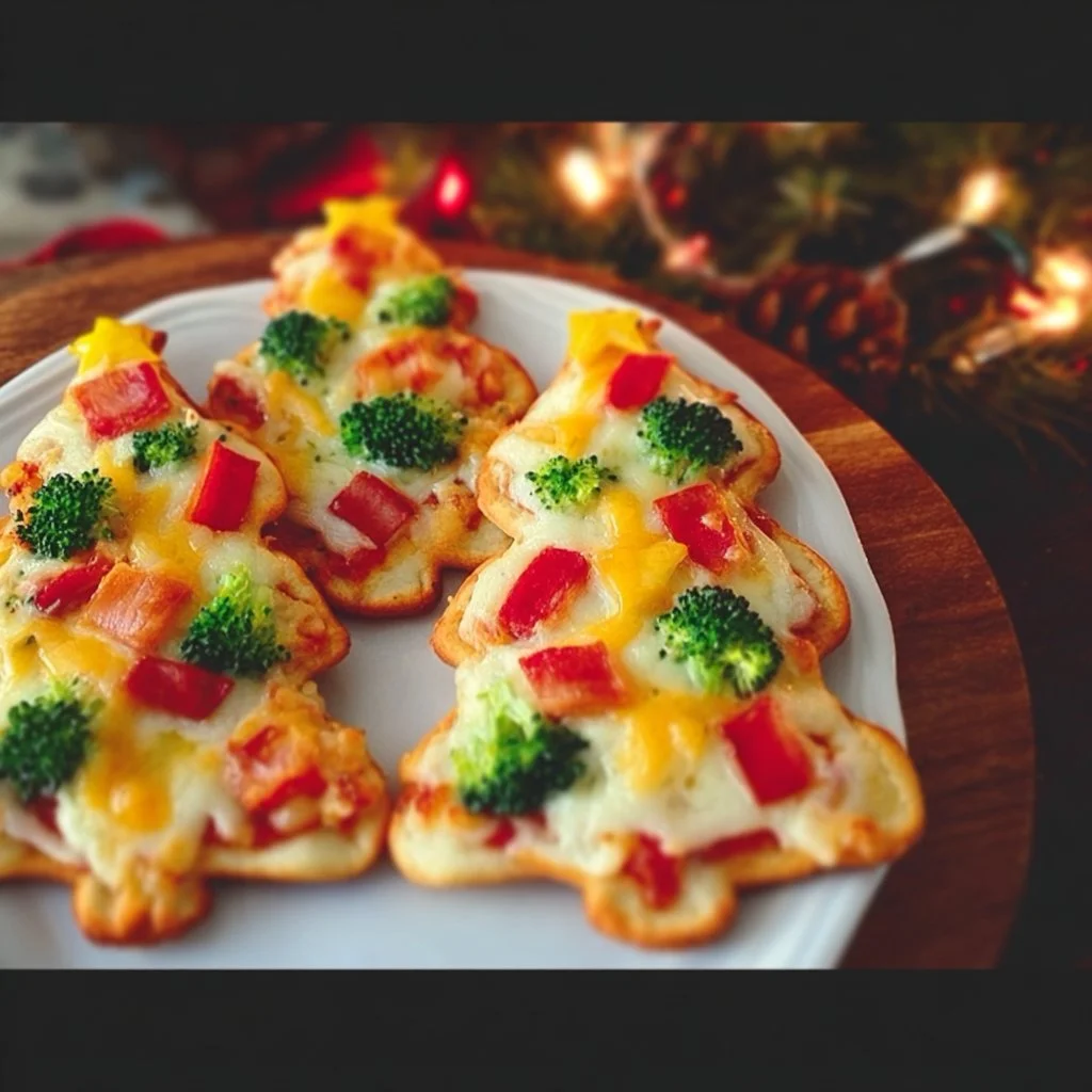 Mini Christmas Tree Pizzas shaped like festive trees for holiday fun