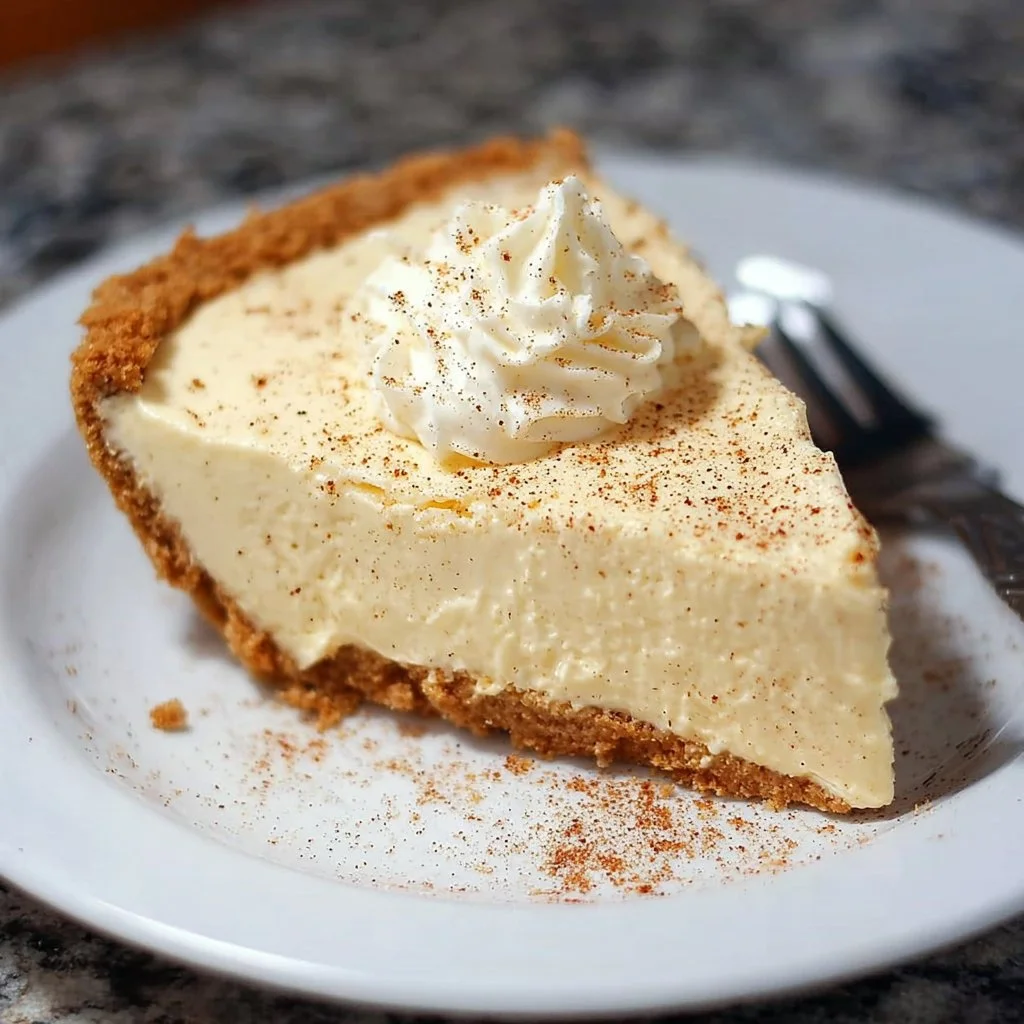 No Bake Eggnog Pie topped with whipped cream and nutmeg for a festive dessert