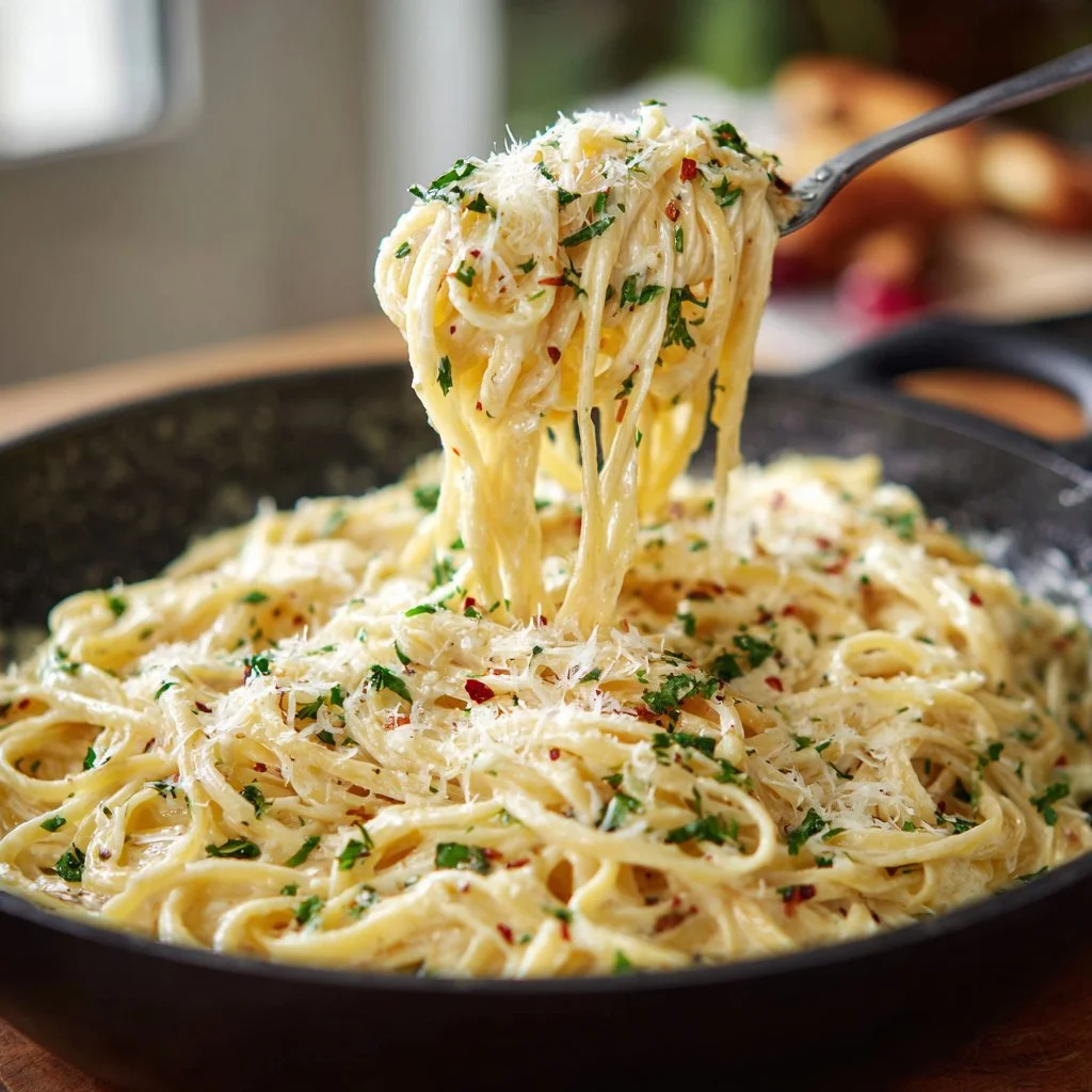 Delicious one pot creamy garlic pasta served in a bowl, garnished with parsley.