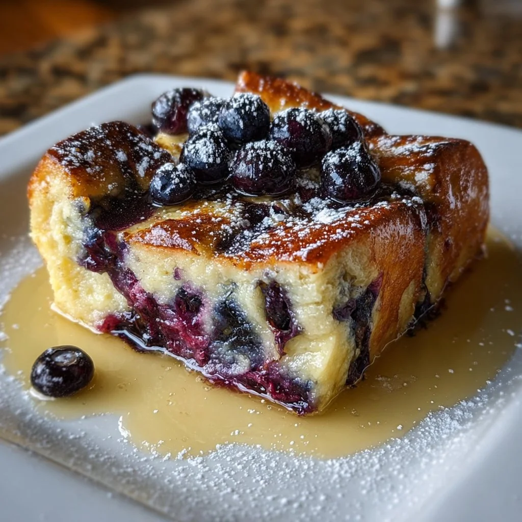 Delicious Overnight Blueberry French Toast Casserole ready to serve