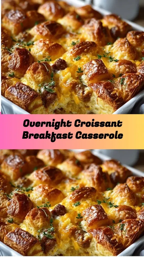 Overnight croissant breakfast casserole topped with cheese and herbs.