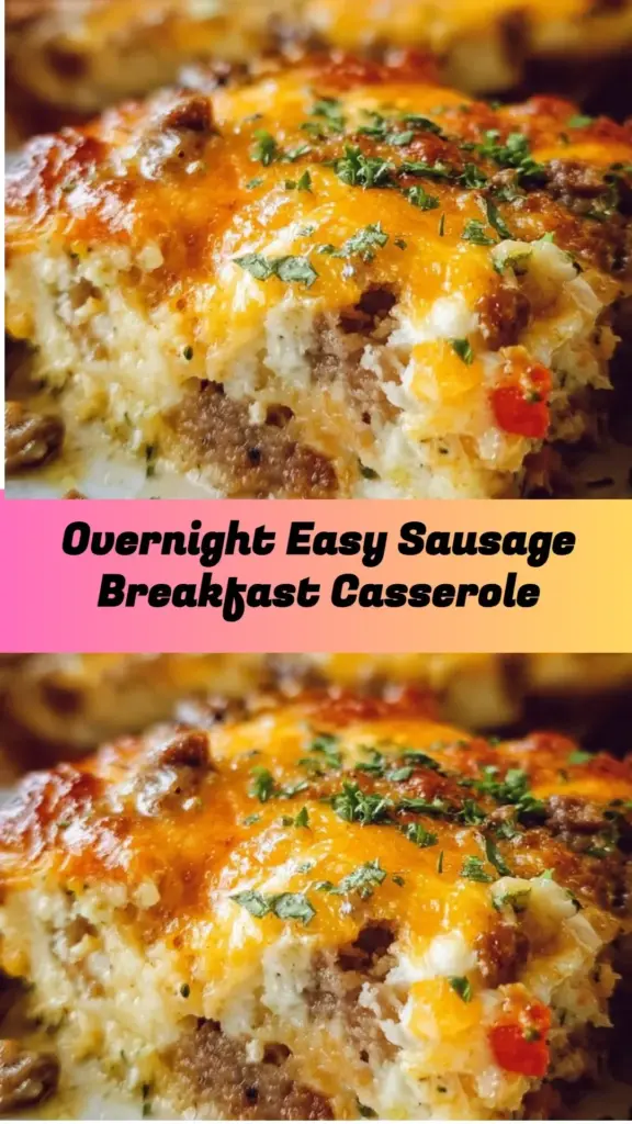 Overnight easy sausage breakfast casserole served in a baking dish