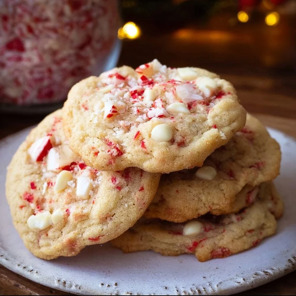 Batch of peppermint white chocolate cookies on a festive plate