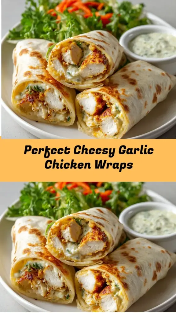 Cheesy garlic chicken wraps with fresh ingredients and a side of dipping sauce