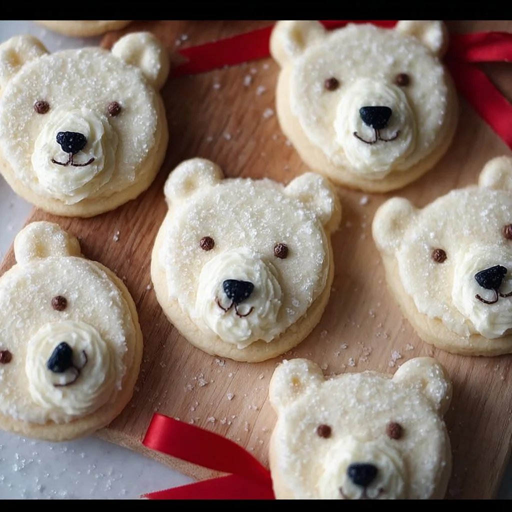 A batch of cute polar bear cookies decorated with icing and chocolate.