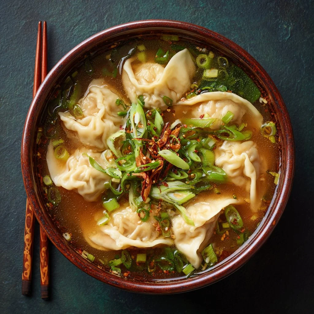 Bowl of Potsticker Soup with dumplings and vegetables