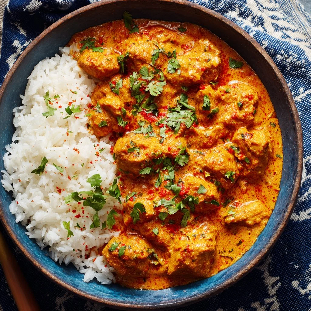 A delicious plate of homemade butter chicken served with rice and naan bread.