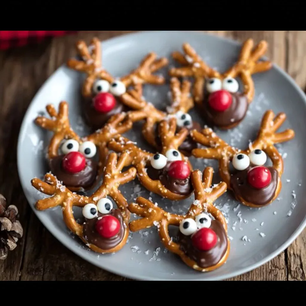 Festive Reindeer Rolo Pretzels with chocolate and pretzels in holiday shapes