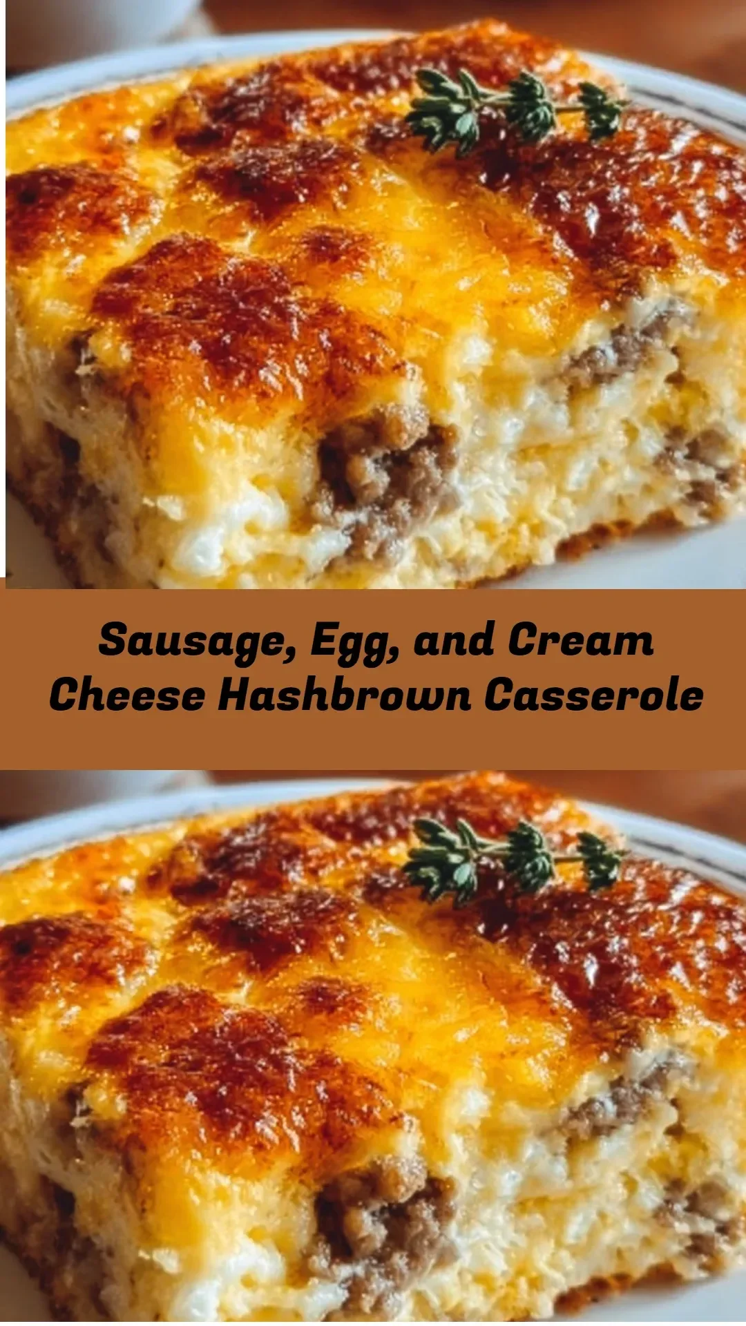 Sausage, egg, and cream cheese hashbrown casserole on a plate