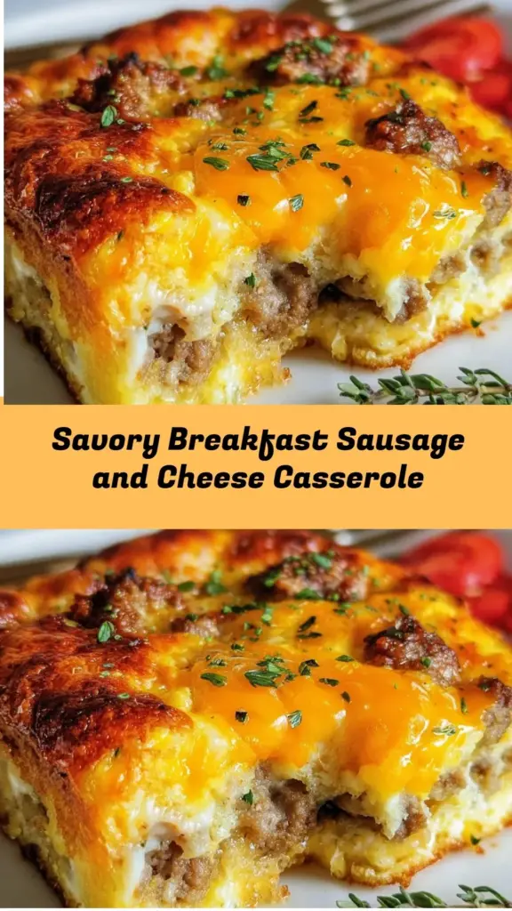 Savory breakfast sausage and cheese casserole in a baking dish