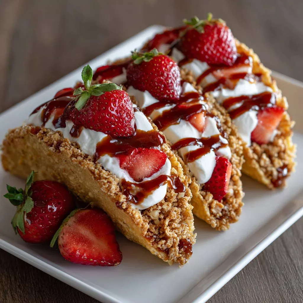 Strawberry crunch cheesecake tacos dessert with toppings