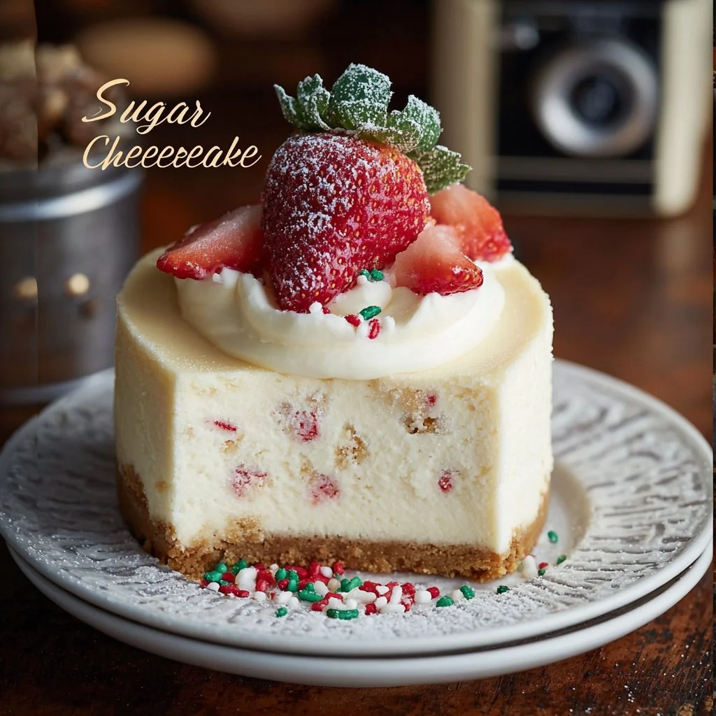 Delicious sugar cookie cheesecake topped with whipped cream and cookie crumbles