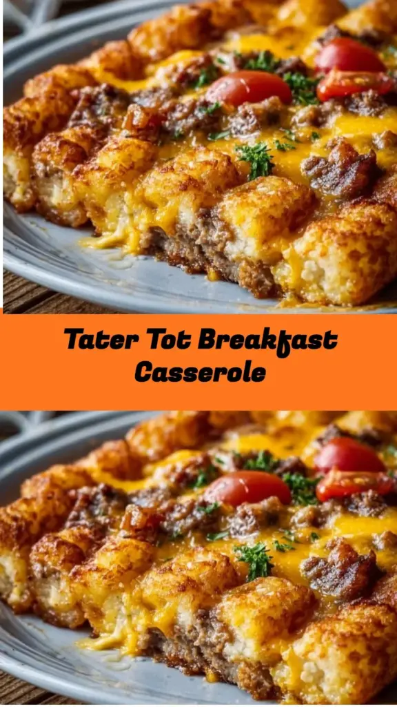Delicious Tater Tot Breakfast Casserole topped with cheese and veggies