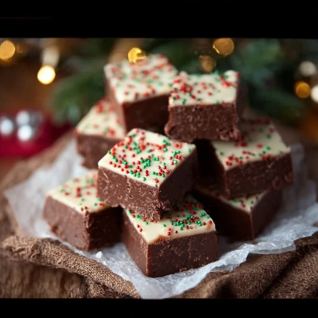 Delicious homemade Christmas fudge with festive decorations.