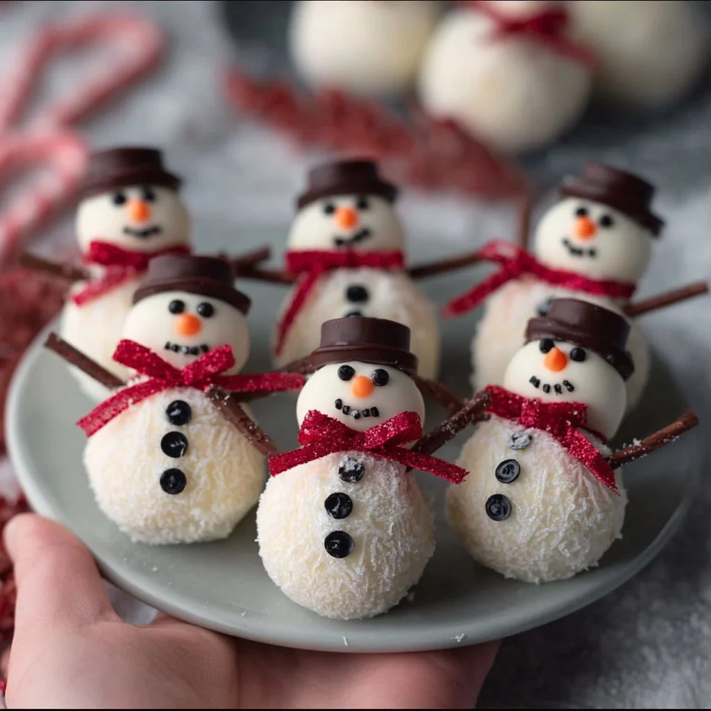Cute snowmen truffles decorated for the holidays, perfect no-baking treat.