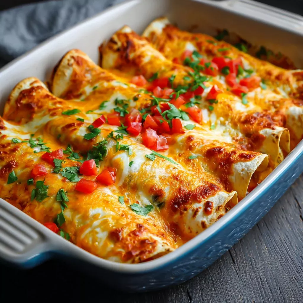 Delicious quick and easy chicken enchiladas ready to serve.