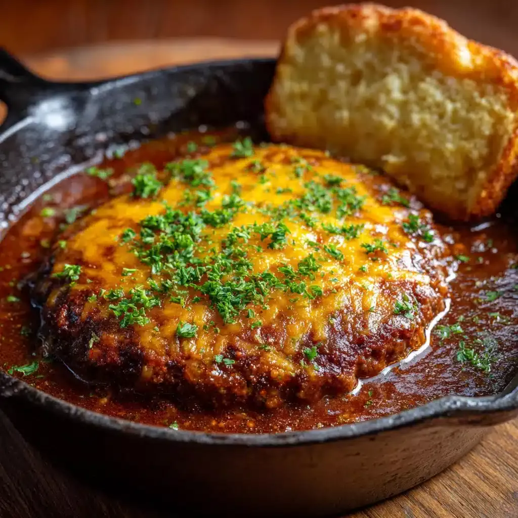 Amish Hamburger Steak Bake served with creamy gravy and vegetables